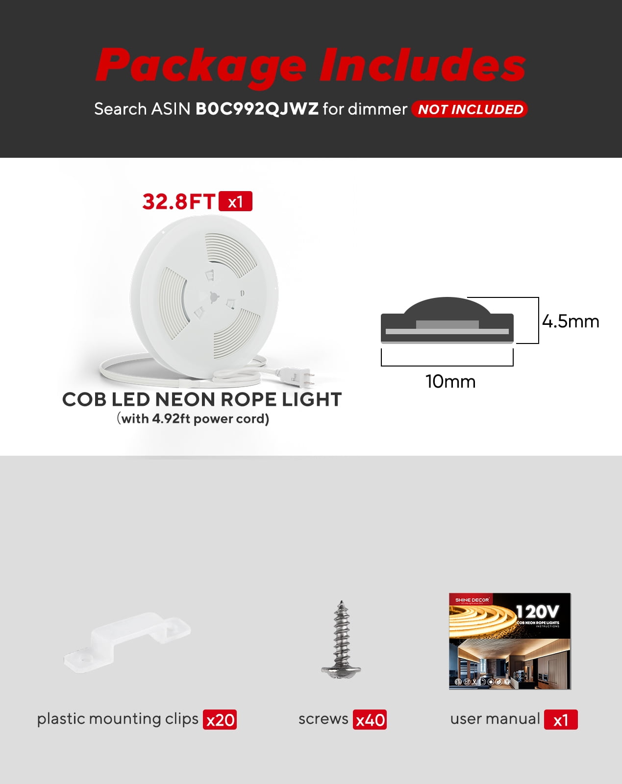 Shine Decor COB LED Neon Rope Light AC110-120V 16.4ft, 800lm Ultra Bright(6000K Cool White), Dimmable IP65 ETL Neon Strip Light, Cuttable LED Tape Light for Cabinet, Bedroom, Commercial 10x4.5mm