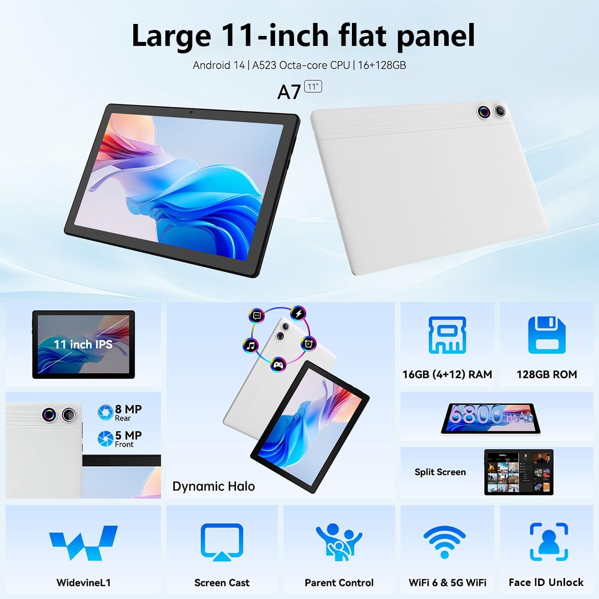 AEEZO 11 Inch Tablet 16GB RAM + 128GB ROM, Octa-Core Processor, Wi-Fi 6, Whie