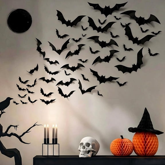 Halloween Bat Wall Stickers, 12pcs Black PVC 3D Bat Decorations in 4 Sizes with Adhesive Dots for Walls, Windows, Doors and Haunted House Parties