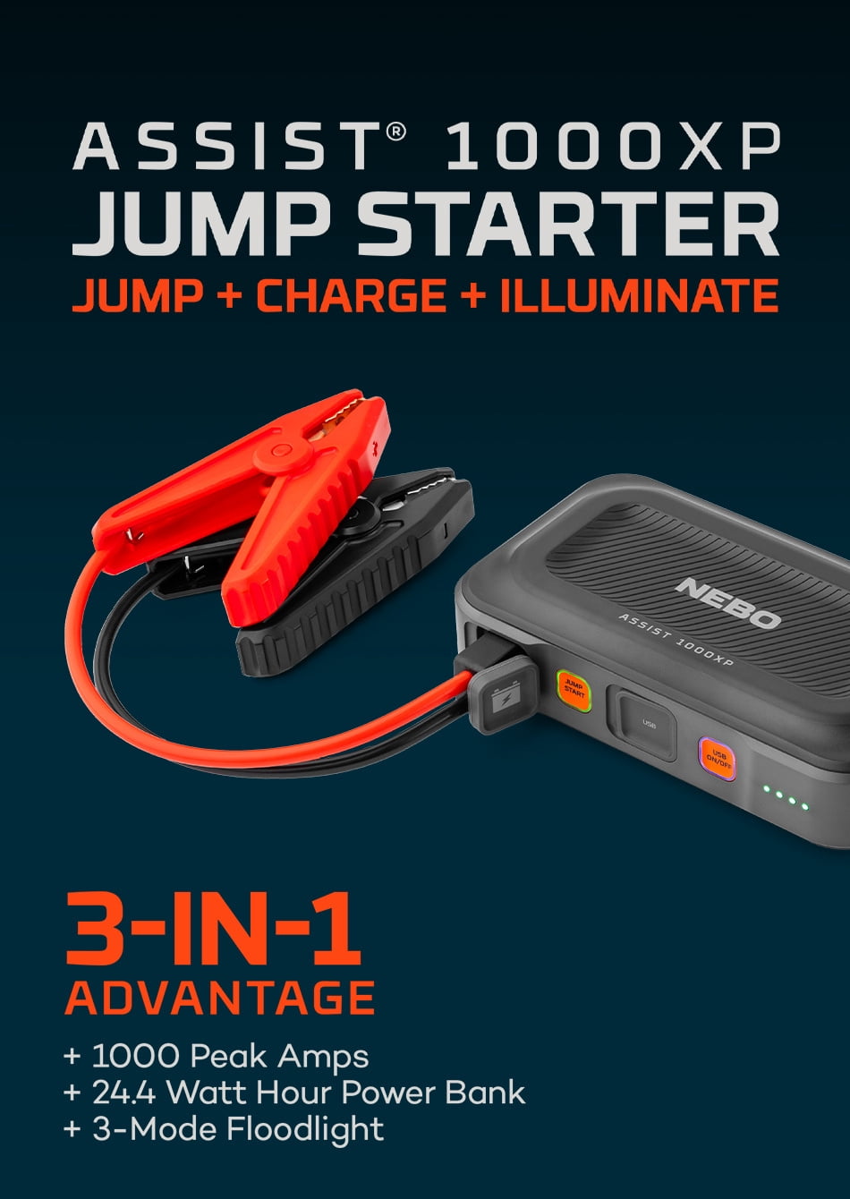 NEBO Assist 1000 Amps Jump Starter with Power Bank and Emergency Light