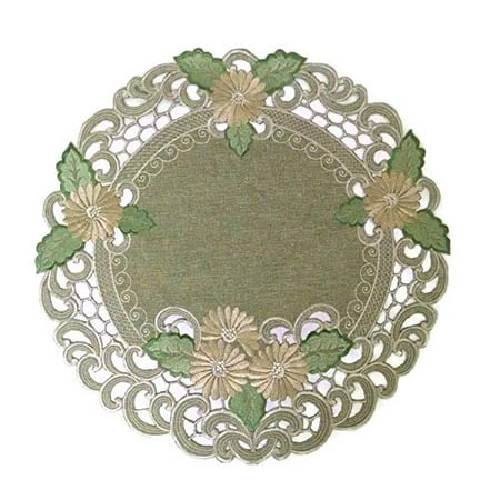 38 Inch Sage - Doily Boutique Round Doily with Gold Daisy on Sage Green Burlap Linen Fabric, Size 7 inches