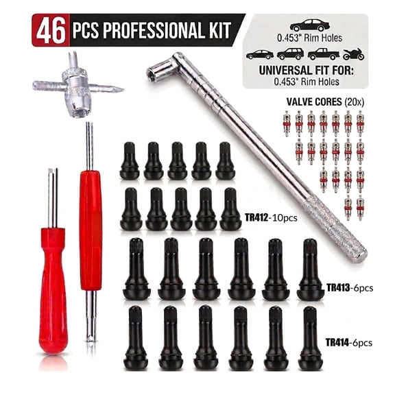Stem Puller and Installer - 10pcs TR412, 6pcs TR413, 6pcs TR414 Short Rubber Tire Valve Stems, 4 Way and Single Head Valve Core Remover Tool for Cars, SUVs, Motorcycles, and Light Trucks