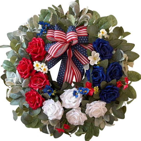 18 Inch Patriotic Wreath Red White Blue Rose, 4th of July Wreath for Front Door, Memorial Day Independence Day Wreath, Faux Floral Wreath with Eucalyptus for Indoor Outdoor Patriotic Decor