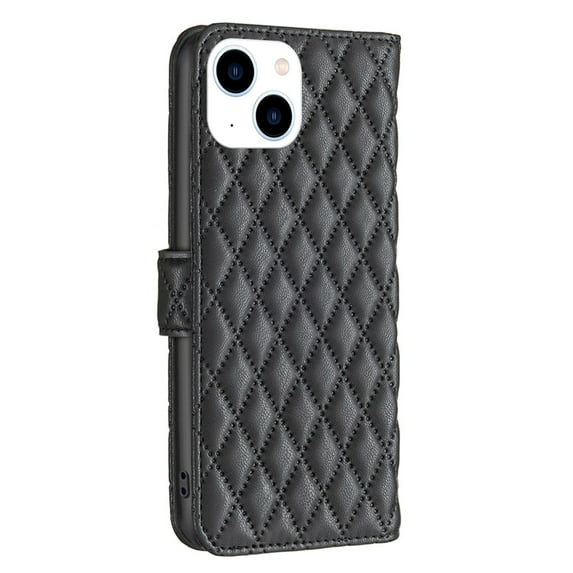 Allytech Heavt Duty Protective Wallet Case for iPhone 14 Plus, PU Leather Flip Folio Case Kickstand Card Holders & Cash Pocket Luxury Lines Diamond Pattern Stylish Case for iPhone 14 Max, Black