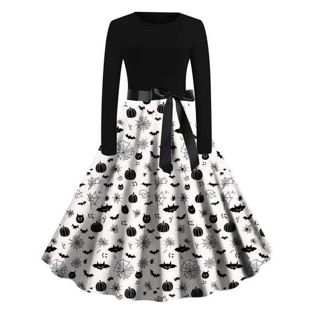 Robe Swing Grande Taille pour Femmes Robe Gothique Renaissance Steampunk Manches Longues Robe Cocktail Vintage Imprimé Squelette Citrouille Cosplay Costume de Fête