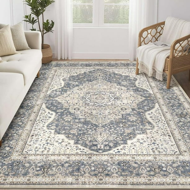 Alfombra Area Homewill, lavable, 180 x 270 cm, color azul/beige, vintage