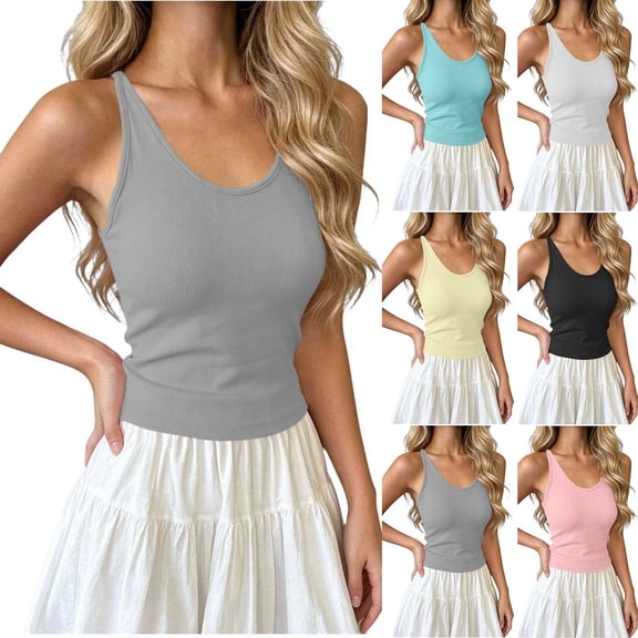Women's Summer Cotton V‑Neck Spaghetti Strap Cami Top with Built‑in Bra Sleeveless Solid Color Slim Fit Casual Camisole Gray Free Size