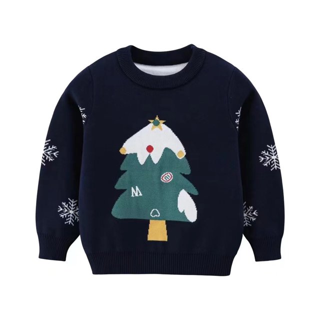 Posijego Chandail de Noël Laid pour Garçons et Filles, Chandail à Col Rond en Tricot à Manches Longues pour Enfants, Hauts d'Automne et d'Hiver. Ce Chandail Bleu Marine Présente un Motif Festif d'Arbre de Noël avec des accents de Neige et des Ornements Colorés sur le devant. Les Motifs de Flocons de Neige Sont Tricotés sur les Manches, Ajoutant au Thème des Fêtes. Fabriqué en Tissu de Coton Doux et Respirant, Il Offre Confort et Chaleur pour les Enfants pendant l'Automne et l'Hiver. le Col Rond et les Poignets Côtelés Offrent un Ajustement Serré, le Rendant
