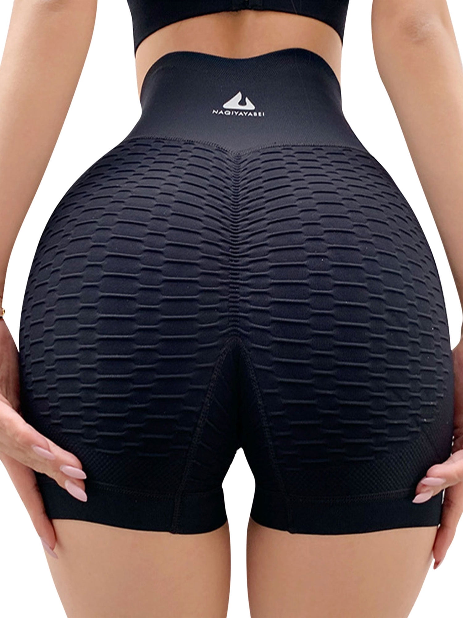 Laibory Womens Sports Shorts Fashion Print Hip Bubble Mesh Short Yoga Pants Tight High Waist Elastic Casual Athletic Pants 
