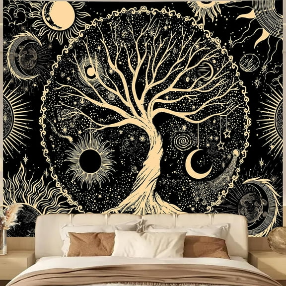 Tree of Life Wall Tapestry for Bedroom, Sun and Moon Hippie Tapestries Aesthetic, Black and Gold Wall Hanging Home Decor for Dorm Living Room Office 51in x 60in
