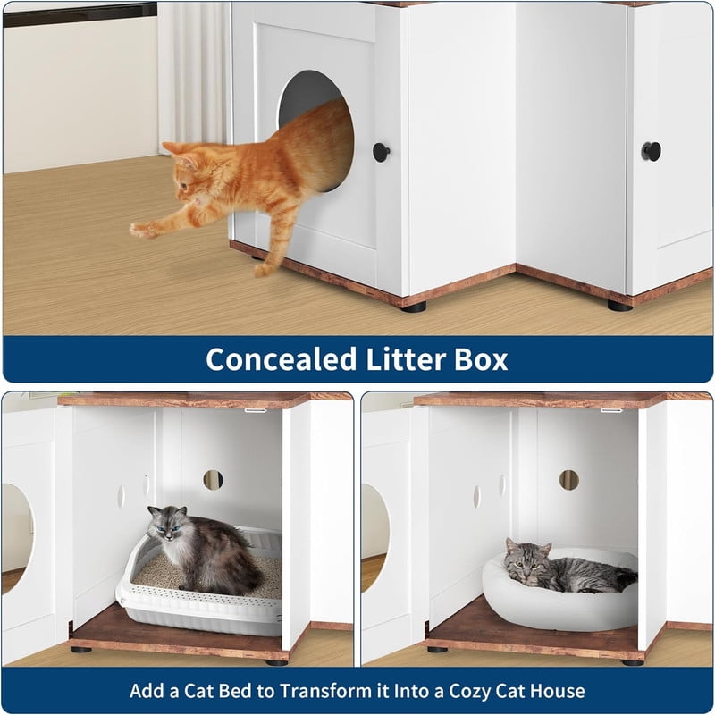 Cat Tree Litter Box Enclosure Hidden Litterbox, Large Tall Cat Tower for Indoor Cats Large Adult, 2 in 1 Multi Level 48.8 Inch Wooden Furniture with Scratching Post, Hanging Balls for Pets