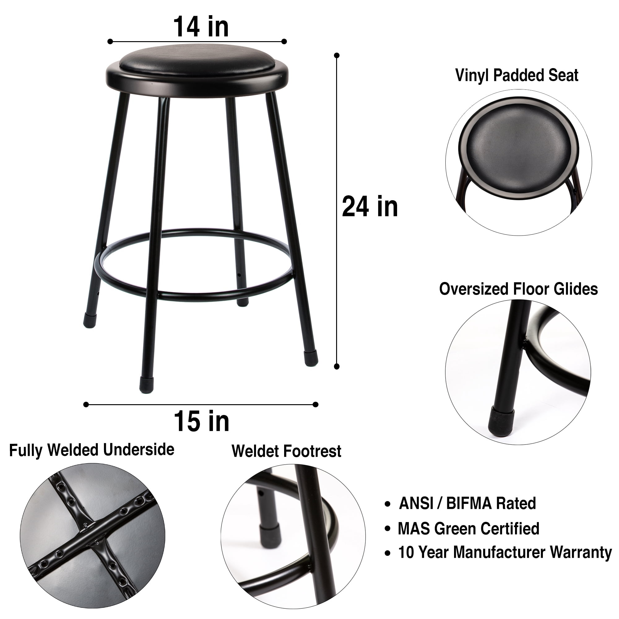 Hampden Furnishings Otto Collection 24" Padded Science Stool, Black, Pack of 2