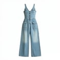 thumbnail image 4 of Kctiaxy Womens Jumpsuit Sleeveless V Neck Button Wide Leg Denim Rompers Solid Color Fashion Casual Jean Pants, 4 of 5