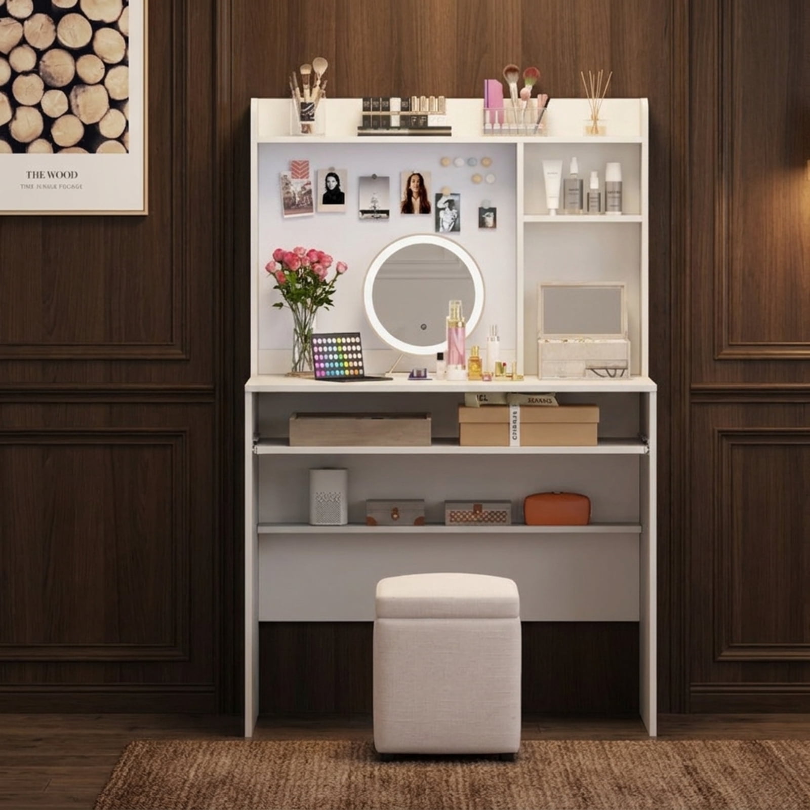 Furnibear Compact Computer Desk with Hutch Office Workstation with Magnetic Whiteboard Pull Out Keyboard Tray and Adjustable Shelf for Bedroom, White