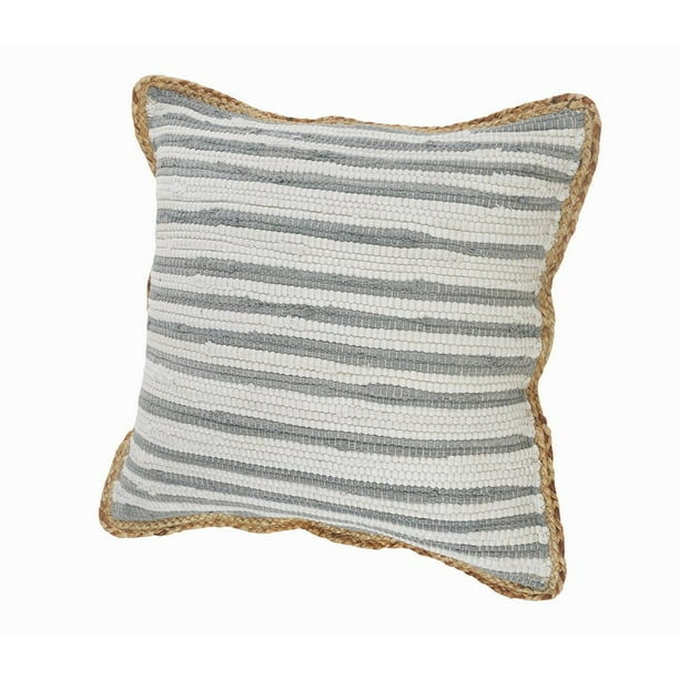 LR Home Striped Jute Border Throw Pillow, Gray / White, 18 in. Square