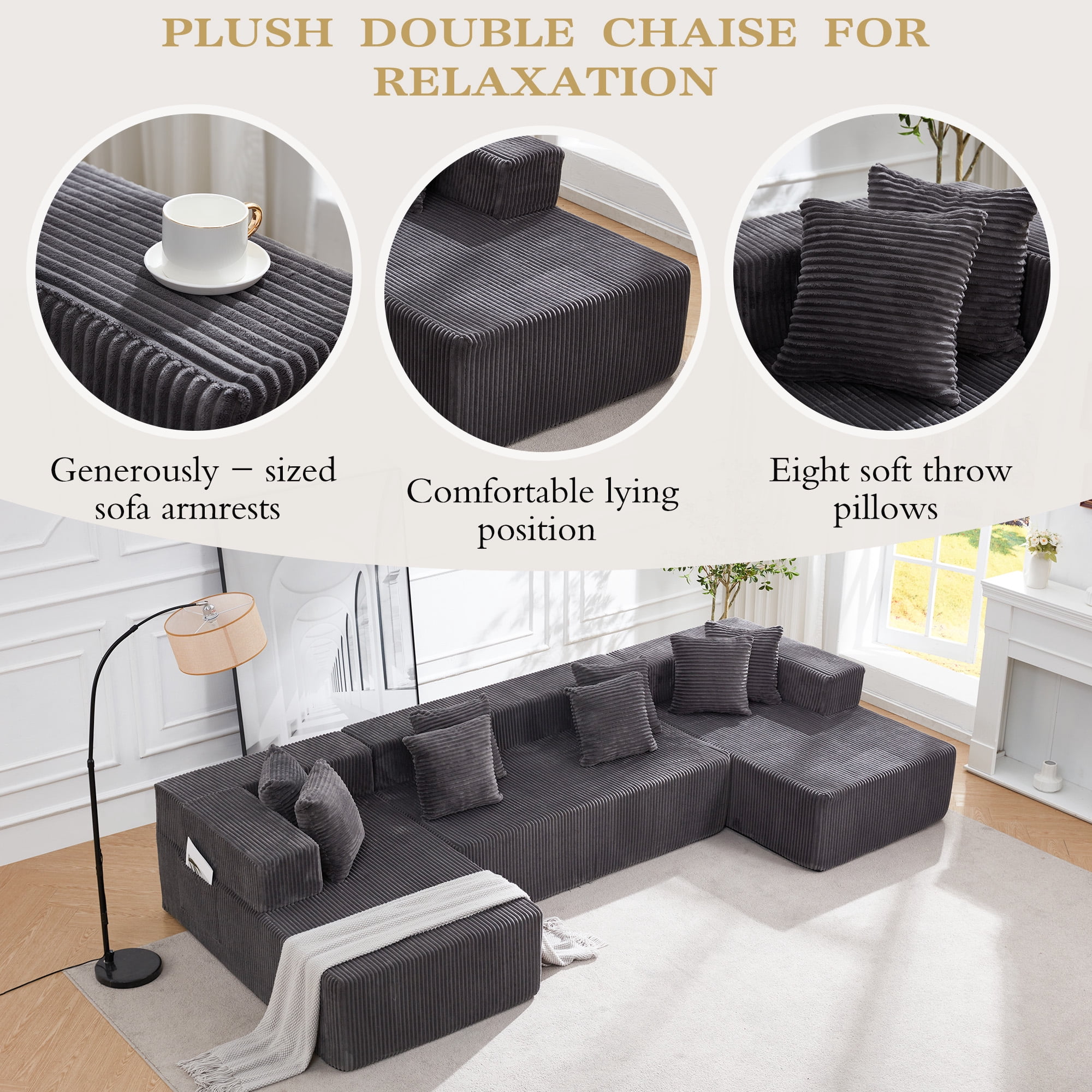 Vicluke 131" Boneless Memory Foam Sofa with Chaise Lounge, Comfy Corduroy Fabric Modular Sectional Couch, U-Shaped Sofa for Living Room & Apartment, No Assembly Required (Gray)