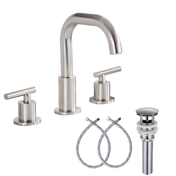 Bathroom Faucet Brushed Nickel GGStudy 360° Swivel Spout 2 Handles 3 Holes 8inch Widespread Bathroom Sink Faucet Matching with Pop Up Drain