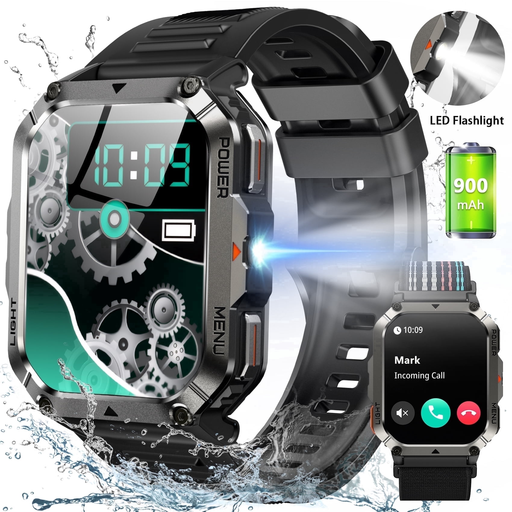 IOWODO 2.01'' Military Smart Watch for Men with Bluetooth Calling, Fitness Tracker, 100+ Sport Modes, Flashlight, 1ATM Waterproof, Mountain Travel Pedometer Watch fits for Android and Iphone (Black)