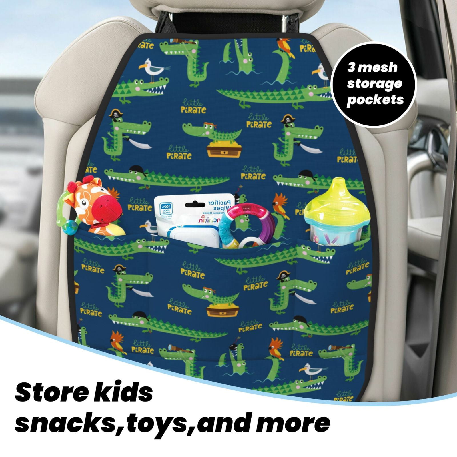 Xecao Little Pirate Crocodile Pattern Car Seat Back Protector 2 Pack Large Capacity Pocket, Kick Mats Back Seat Protector