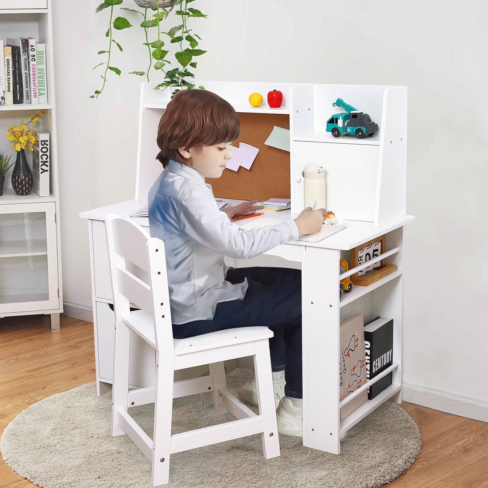 TROPOW Kids Study Desk and Chair Set with Storage - White Learning Table with Bookshelf and Cabinets for Boys and Girls Ages 3-8