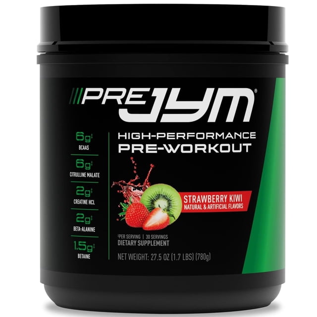 pre workout powder jym supplement science pre jym con sabor a fresa y kiwi Envase frontal negro y verde, vista centrada; bote de 780 g (30 porciones) con logo PRE JYM, texto “High-Performance Pre-Workout”, imagen de fresas y kiwi y listados visibles: 6 g BCAAs, 6 g citrulina malato, 2 g creatina HCl, 2 g beta-alanina y 1.5 g betaína.