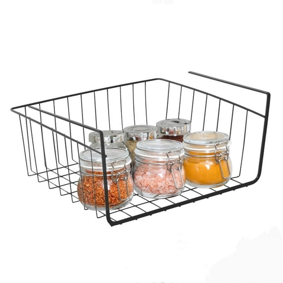 Black Under Shelf Wire Basket Hanging Storage Baskets, Under Cabinet Add-on Storage Racks Slide-in Baskets Organizer for Kitchen Pantry Desk Bookshelf
