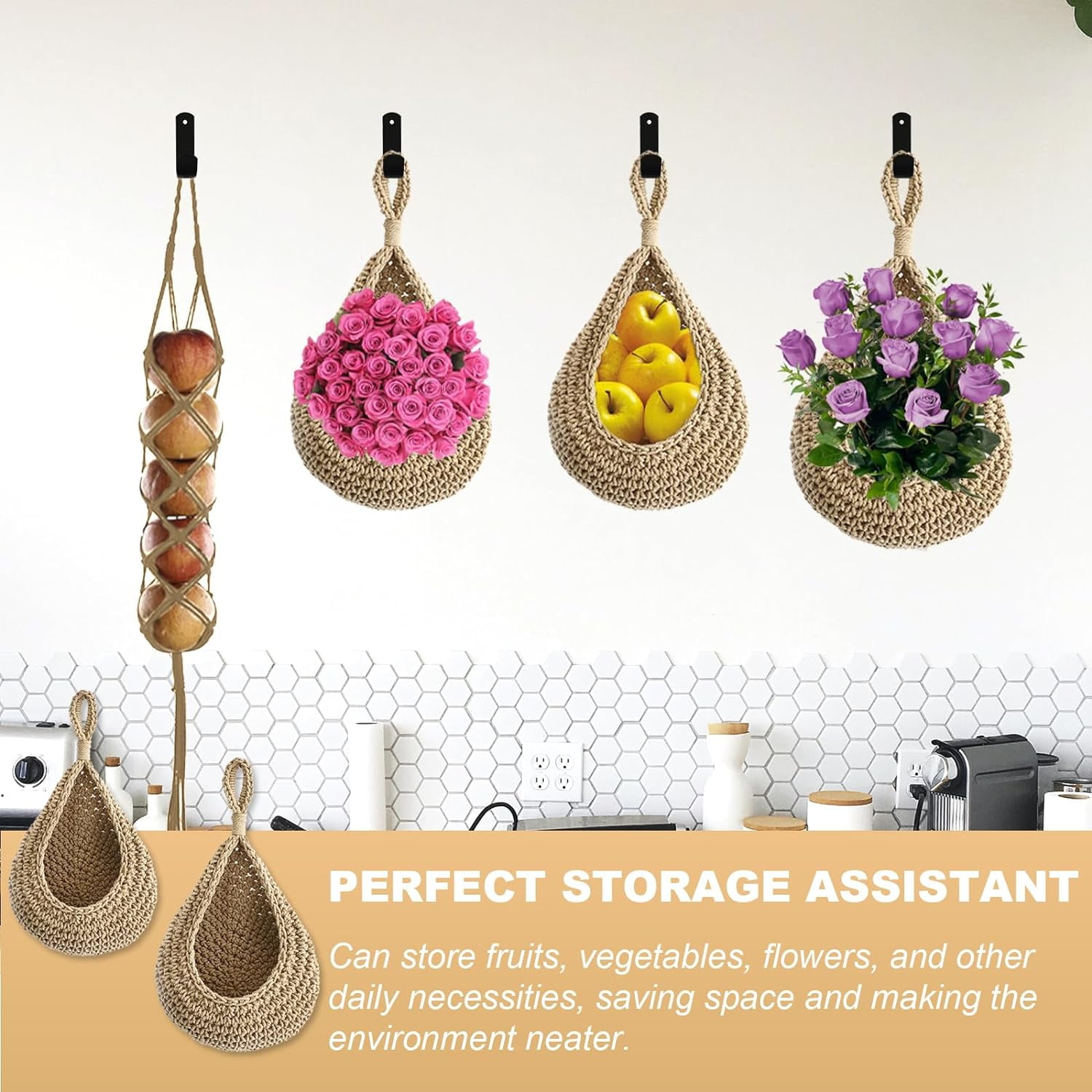ZYNERY 4 Pack Hanging Fruit Baskets for Kitchen with 6Pcs Hooks, Boho Wall Hanging Baskets, Teardrop Hanging Baskets, Produce Basket for Potato Onion Storage, Home Wall Mount Organizing, Cotton Rope