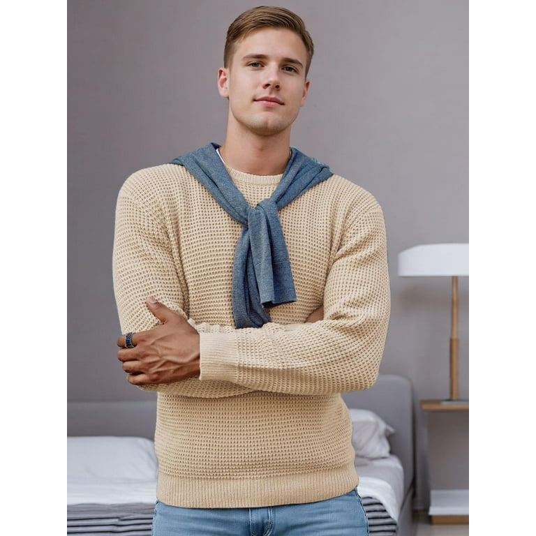 Coshow Mens Crewneck Pullover Sweater Waffle Textured Long Coshow Mens Crewneck Pullover Sweater Waffle Textured Long