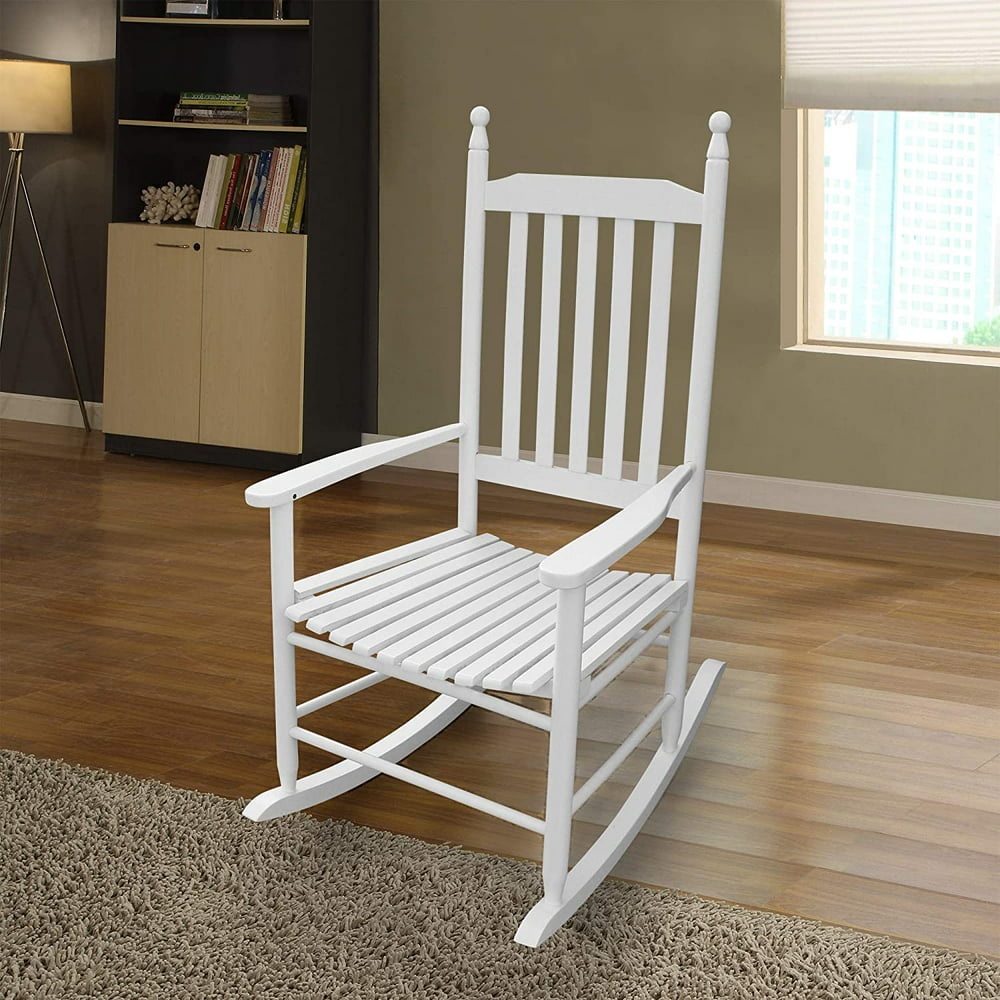 White Porch Rocker Chair, Sturdy & Durable Wooden Rocking Chair with Seat Cushion, Wood Frame