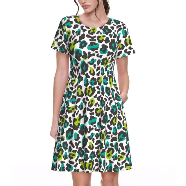 Balery Green Leopard Vestidos sueltos de manga corta para mujer, vestidos de verano 2025, vestidos casuales de corte A con vuelo.
