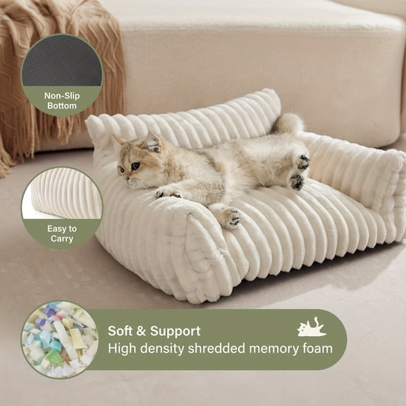 Extra Large 24x18x10 Inch Plush Cat Sofa Bed - Soft Corduroy, Removable Machine-Washable Cover, Raised Sides, White Cozy Pet Furniture