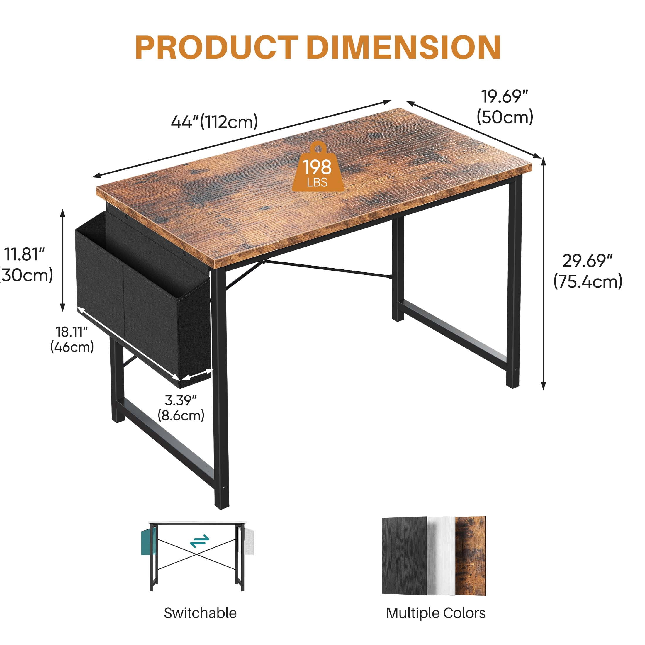 edx 44" Home Office Desk for Small Spaces, Computer Desk with Storage Bag & Hook, Modern Simple Style Study Writing Table for Bedroom, Rustic Brown