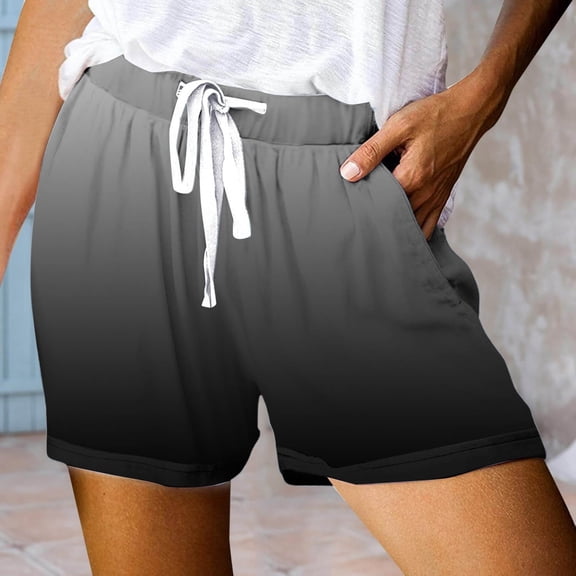 Clearance Womens Shorts Summer Gradient Print Elastic Waist Drawstring With Pockets Straight Leg Shorts Holiday Wear