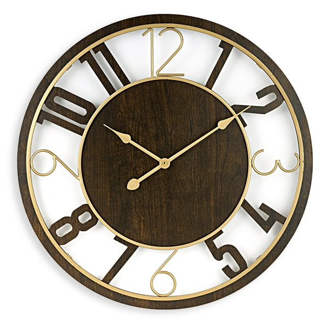 Sorbus Reloj de Pared Gran Madera Rústica Marrón con Detalles de Metal Dorado, Decoración de Habitación Tradicional.