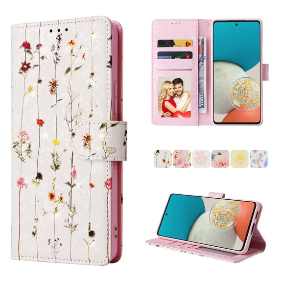 Compatible for Samsung Galaxy S24 Wallet Case with Card Holder, Floral Flower PU Leather Magnetic Stand Flip Protective Phone Cover with Wrist Strap for Women Girls, Dried Flowers