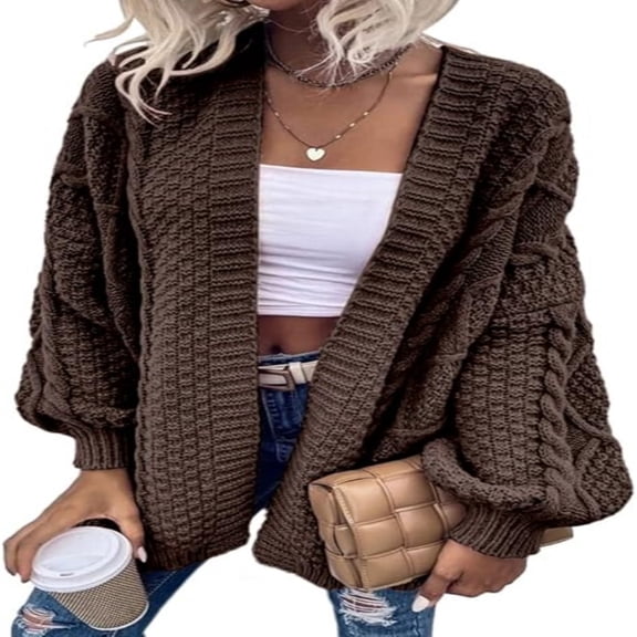 Women Loose Cardigan Sweater Front Open Cable Lantern Sleeve Knit Jacket
