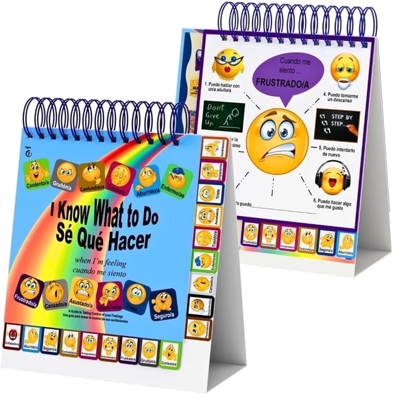 I Know What to Do Flipbook (Sp/Eng): Emotions book for kids-Autism learning materials for understanding feelings; Reinforces positive behavior; Serves as emotions wheel/chart; For calm-down corners