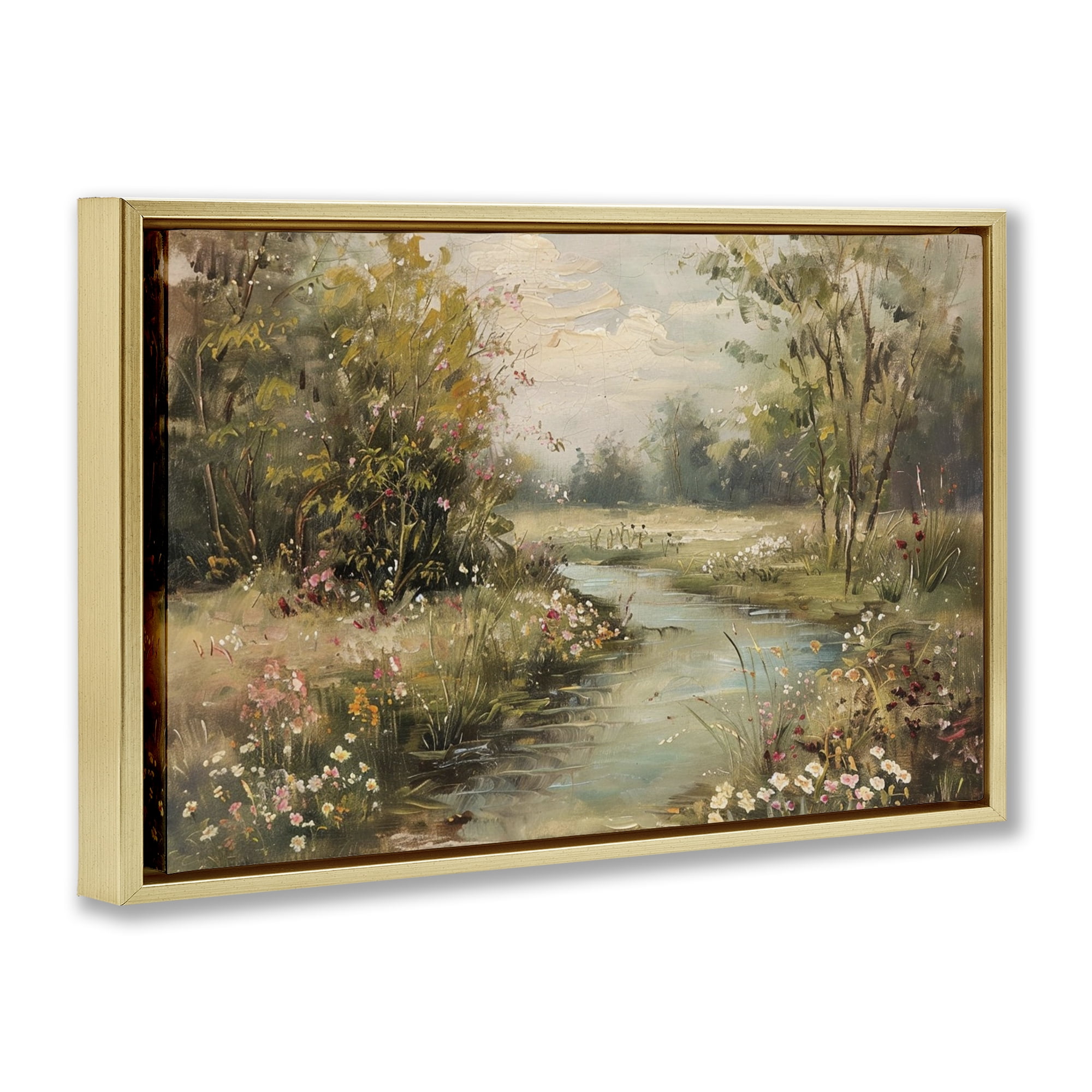 Stupell Industries Spring Stream Landscape Landscape & Nature Painting Gold Floater Framed Canvas Art Print Wall Art, 25 x 17