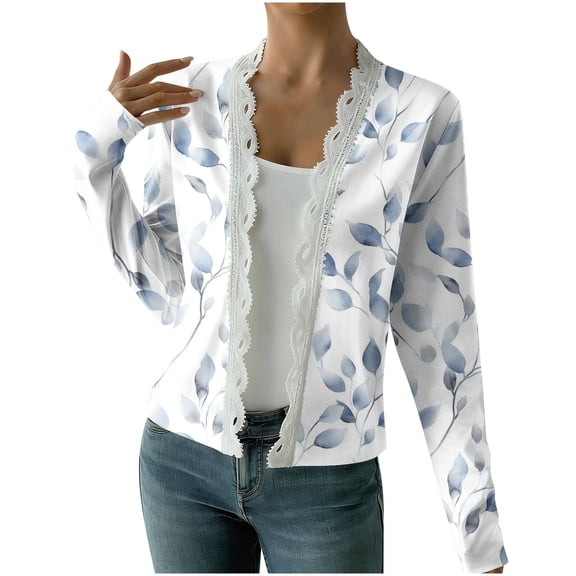 Staron Women's Blazer Jacket Open Front Lapel Short Sleeve Casual Work Office Suit Jacket Lightweight Printed Lace Knit Cardigan, S