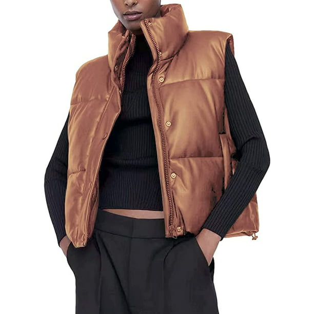 Women PU Leather Short Puffer Vest Coat Sleeveless Zip-Up Button Down Jacket  Winter Warm Waistcoat Outwear - Walmart.com