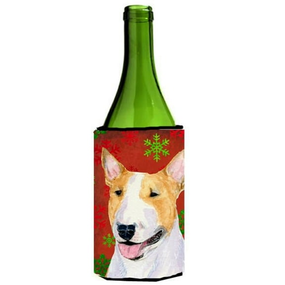 Bull Terrier Red And Green Snowflakes Holiday Christmas Wine bottle sleeve - 24 oz.