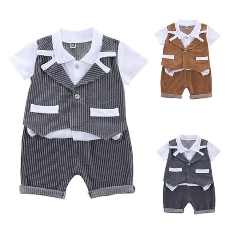 

SILVERCELL Baby Boys 3Pcs Gentleman Suit Kids Formal Outfits Set Short Sleeve Shirt+ Tuxedo Vest+ Shorts 6M-6T