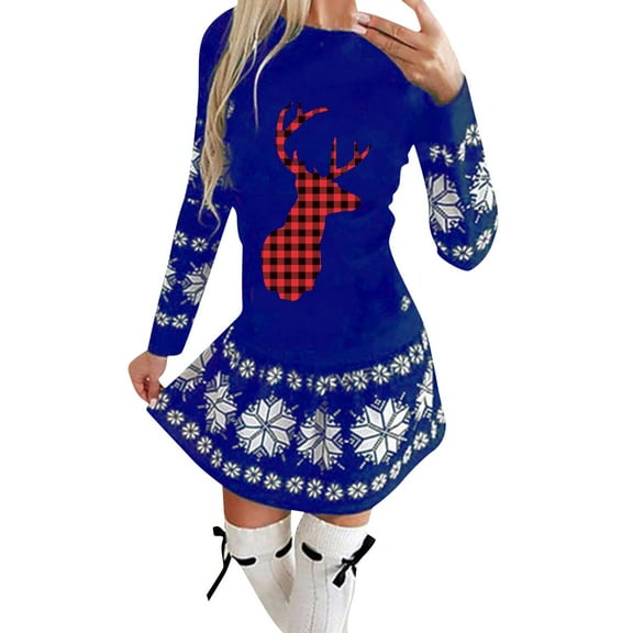 Naughtyhood Christmas Dresses for Women,Women's Casual Christmas Printed Round Neck Ruffle Hem Long Sleeve Dress Blue M
