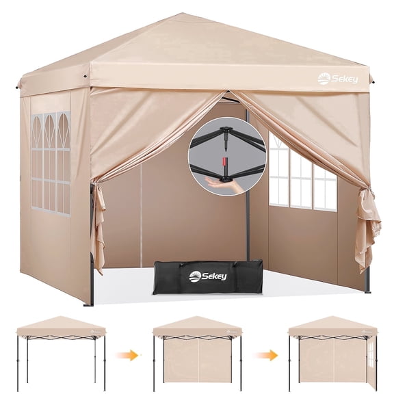 Sekey 10x10 FT Pop Up Canopy Tent, One-Click Instant Setup, Waterproof Heavy Duty Gazebo with 4 Sidewalls, Adjustable Height for Camping & Backyard,Khaki