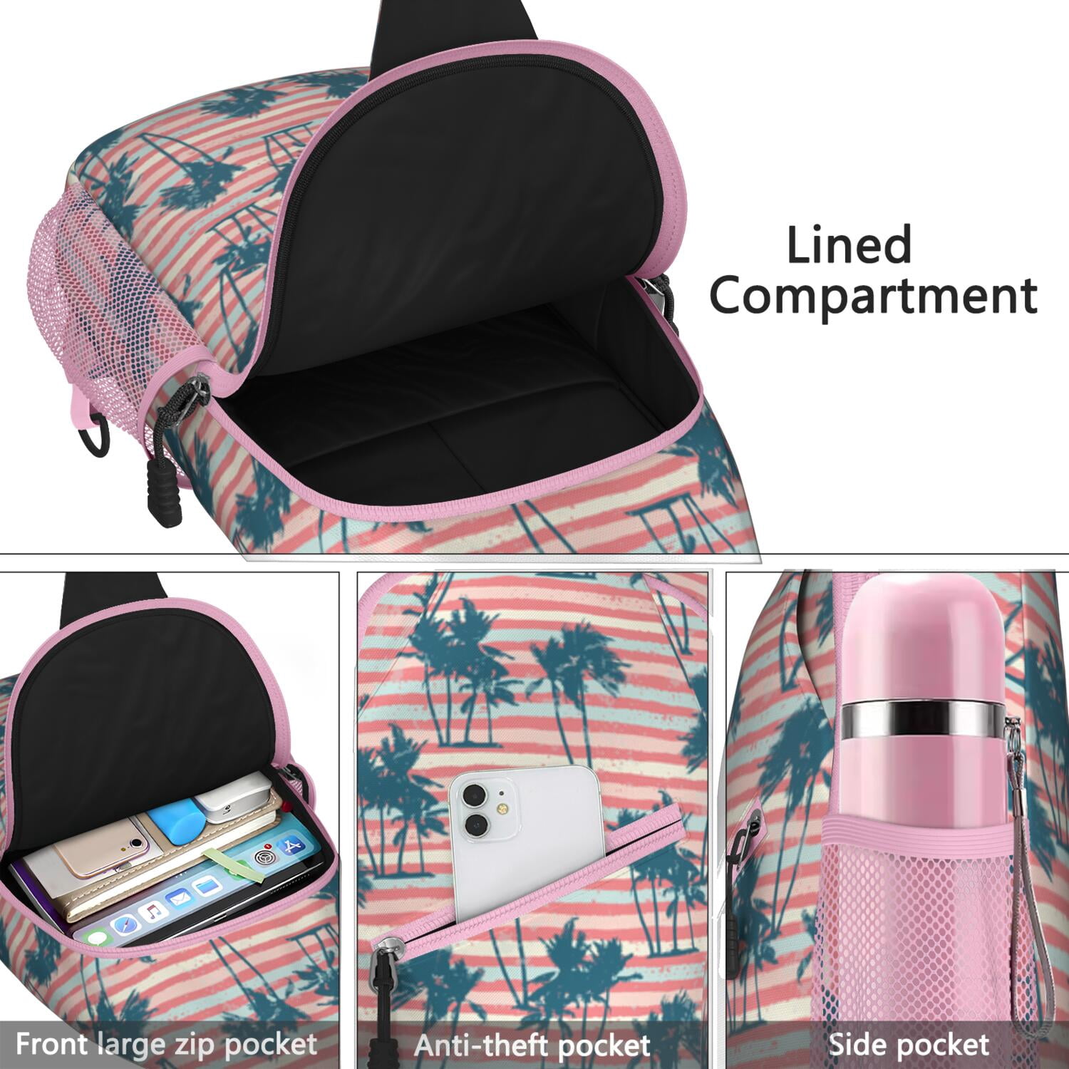 Palm Inspired Sling Bag - Travel-Ready Crossbody Bag with Organized Compartments & Breathable Straps - Great for Daily Commuting, Climbing, Jungle Leaves Theme