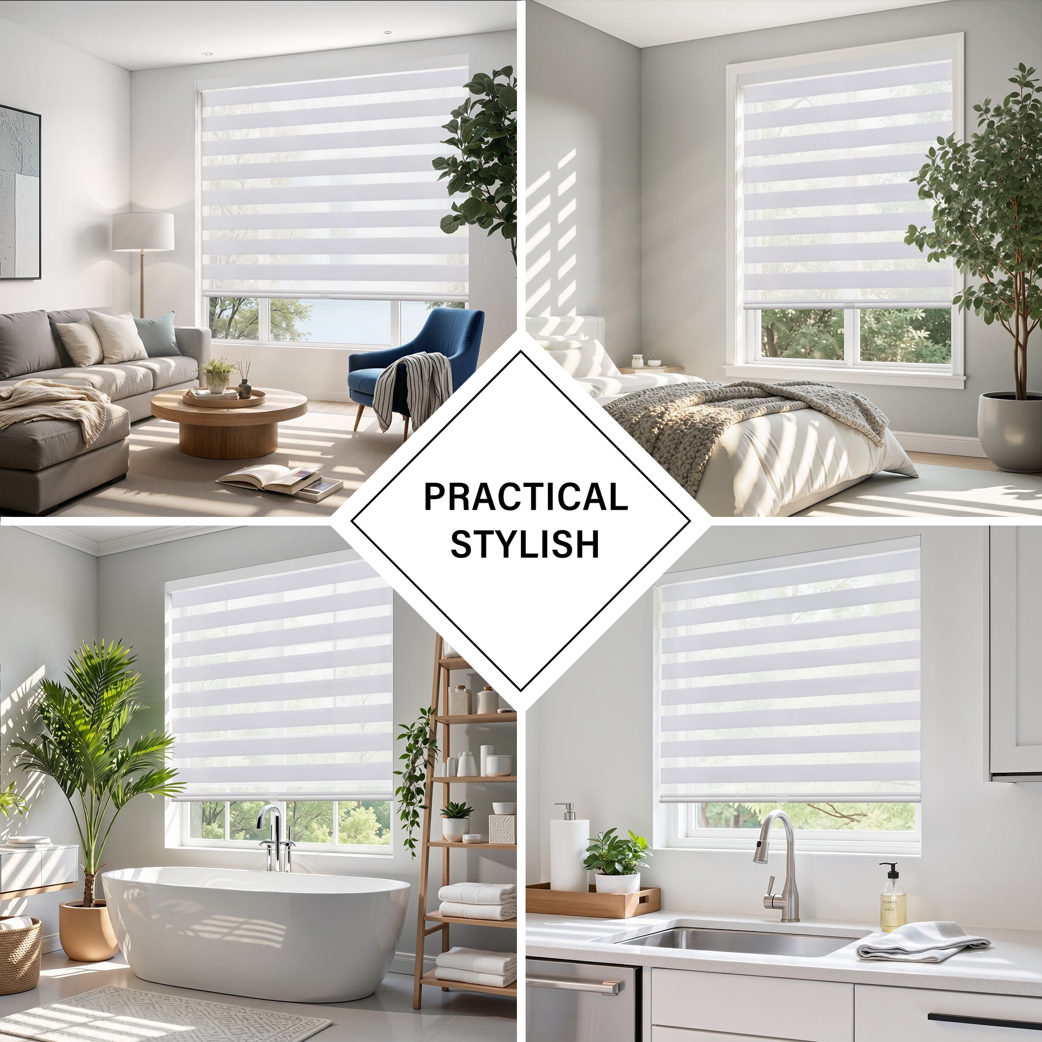 AOSKY Cordless Zebra Blinds for Windows, Day and Night Pull Down Roller Shades, Easy Install Dual Layer Light Filtering, 35"W x 72"H, White