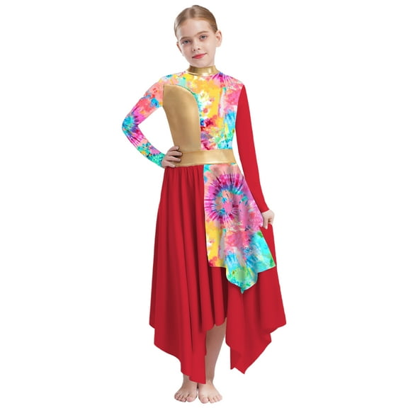 Nyeemya Kids Girls Metallic Printed Long Sleeve Asymmetrical Liturgical Praise Dance Dress Red 14