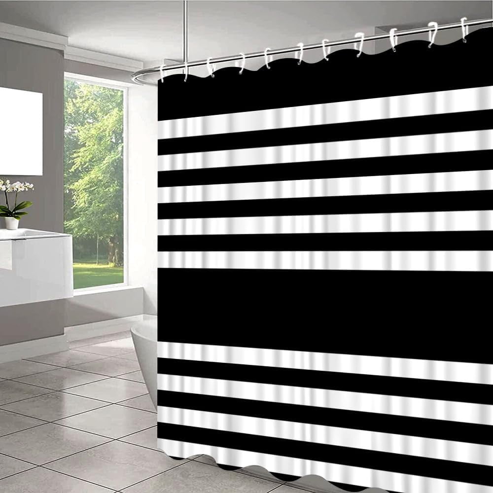 Black White Striped Shower Curtain Geometric Stripe Modern Contemporary Simple Fashion Boho Mid Century Fabric Bathroom Decor Set with Hooks 70Wx70H Inch