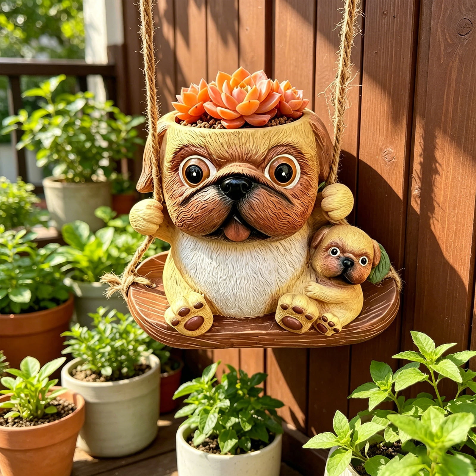 Cute Resin Pug & Baby Dog Hanging Planter – Succulent Pot for Indoor/Outdoor, Balcony Garden Decor, Jute Rope Included, Gift for Dog Lovers