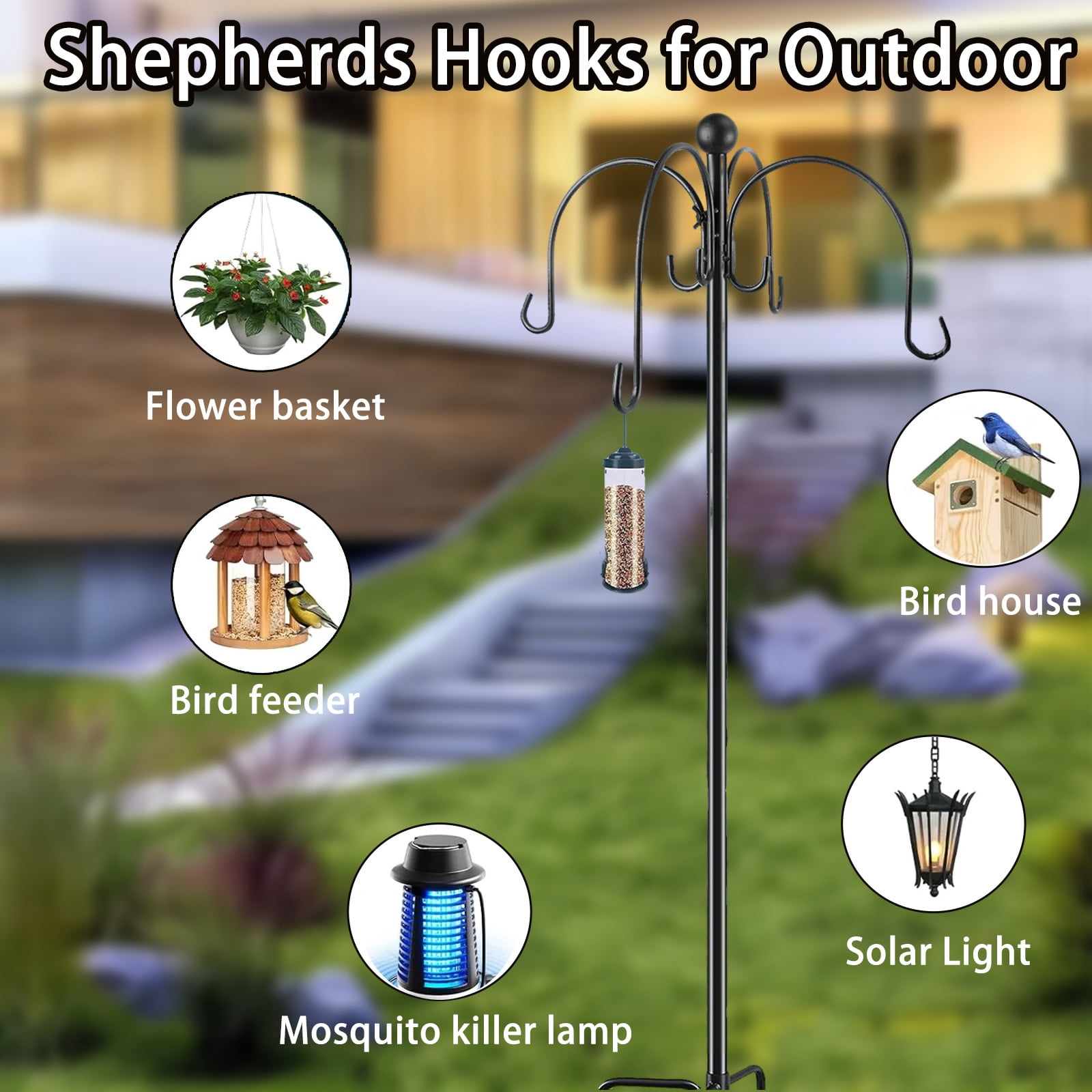 88" Heavy Duty Shepherds Hooks for Outdoor, 4-Hook Adjustable Bird Feeder Pole with Reinforced 5-Prong Base, Garden Hanger Stand for Hanging Plant, Hummingbird Feeder, Lantern, Solar Light